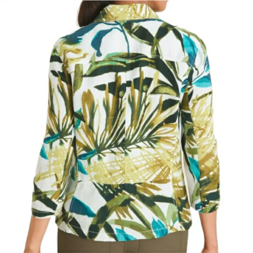 Chico's Size 3 US 16 / 18 Tropical Print Jacket 100% Linen 3/4 Sleeve Multi
